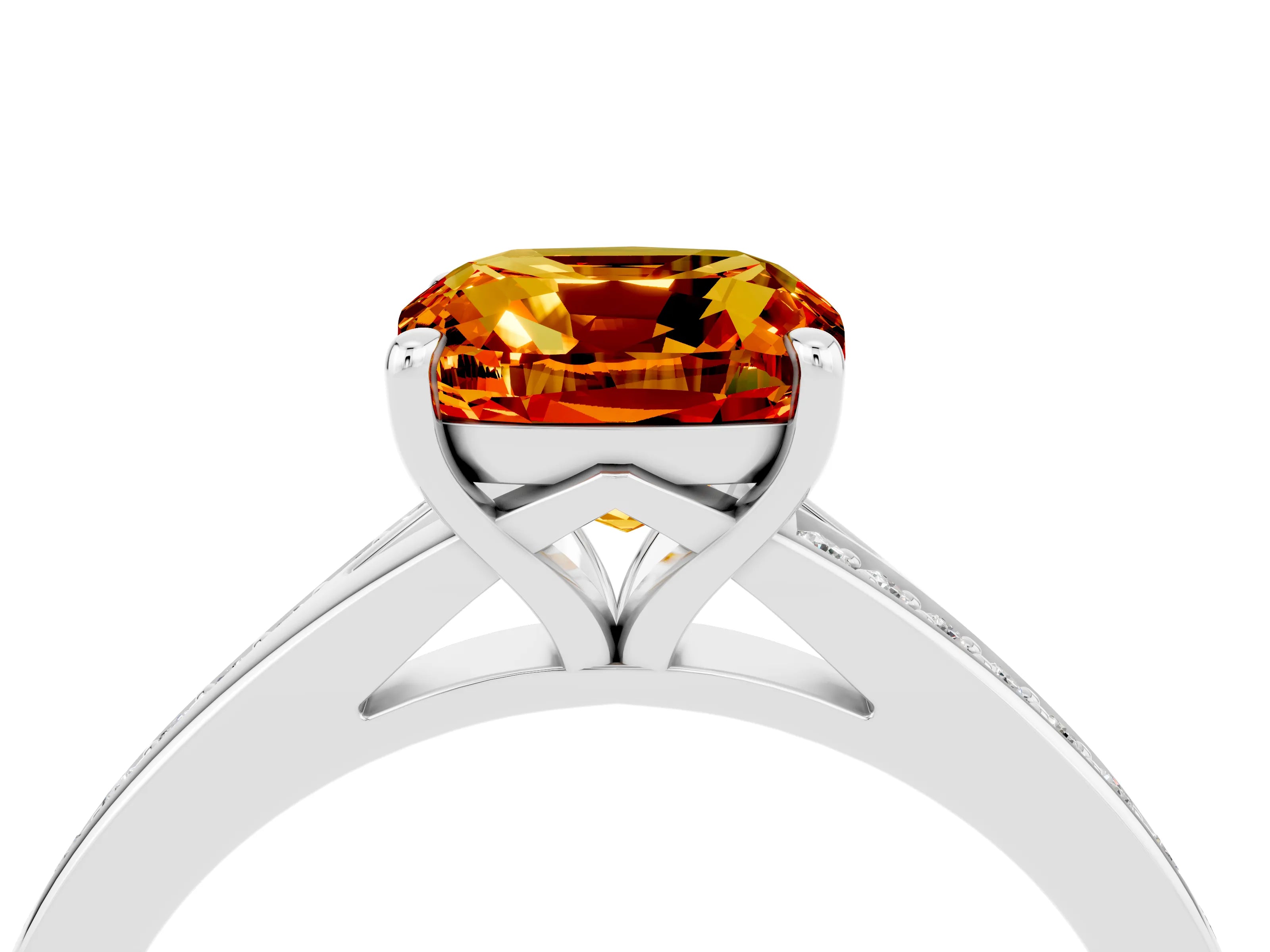 Platinum Cushion Cut Citrine Solitaire Ring with Pavé Band and Prong Setting_16