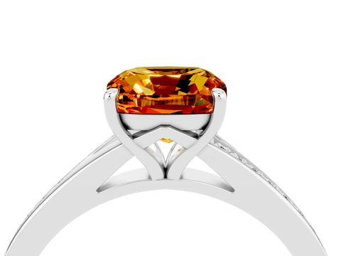 Platinum Cushion Cut Citrine Solitaire Ring with Pavé Band and Prong Setting_16