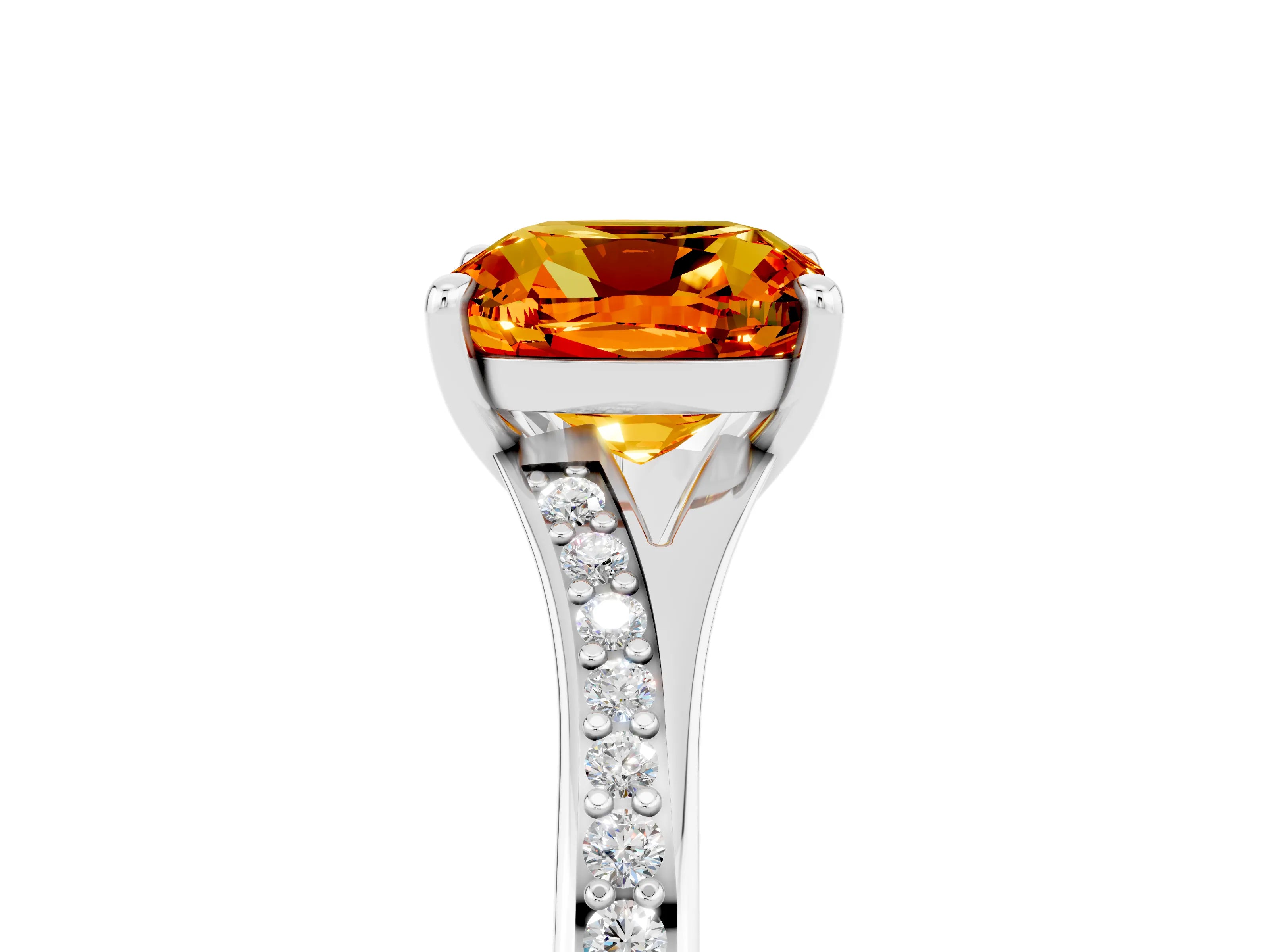 Platinum Cushion Cut Citrine Solitaire Ring with Pavé Band and Prong Setting_17