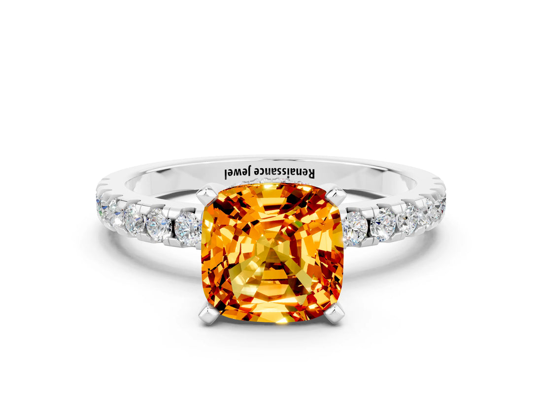 Platinum Cushion Cut Citrine Solitaire Ring with Round  Pavé Band and Four-Prong Setting_36