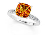 Platinum Cushion Cut Citrine Solitaire Ring with Round  Pavé Band and Four-Prong Setting_37