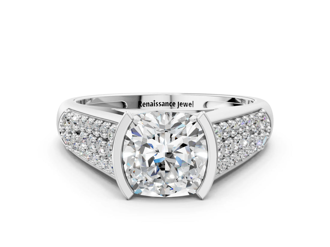 Platinum Cushion Cut Cut Diamond Channel Set Pave Band with Tension Prong Setting_7