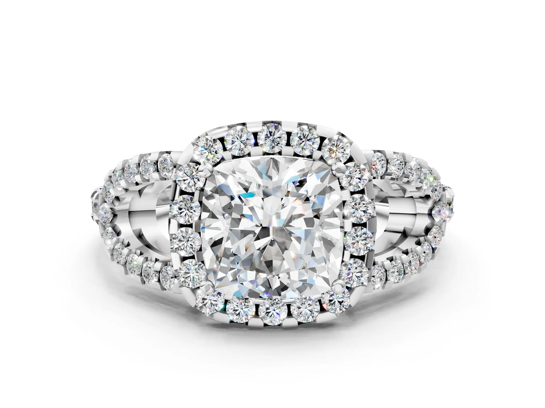 Platinum Cushion Cut Cut Diamond Halo Engagement Ring with Open Split Pavé Band_13
