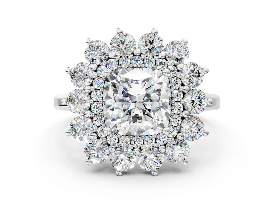 Platinum Cushion Cut Diamond Floral Double Halo Engagement Ring with Prong Setting_7