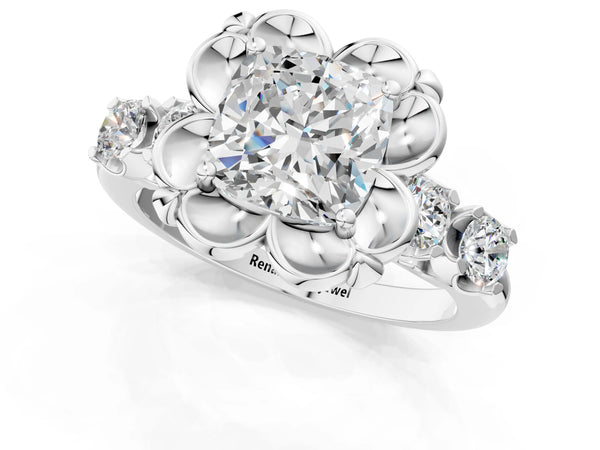 Platinum Cushion Cut Floral Engagement Ring Setting with Polished Petal Frame and Side Accents