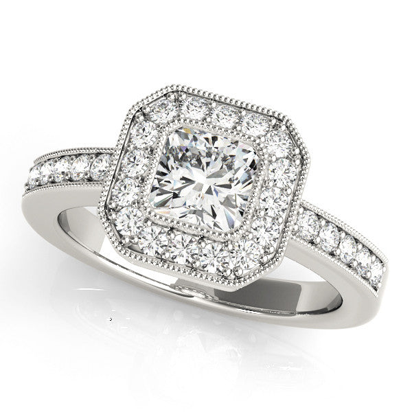 Platinum Cushion-Cut Diamond Halo Engagement Ring with Pave Band and Prong Setting 1