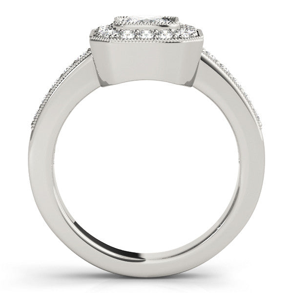 Platinum Cushion-Cut Diamond Halo Engagement Ring with Pave Band and Prong Setting