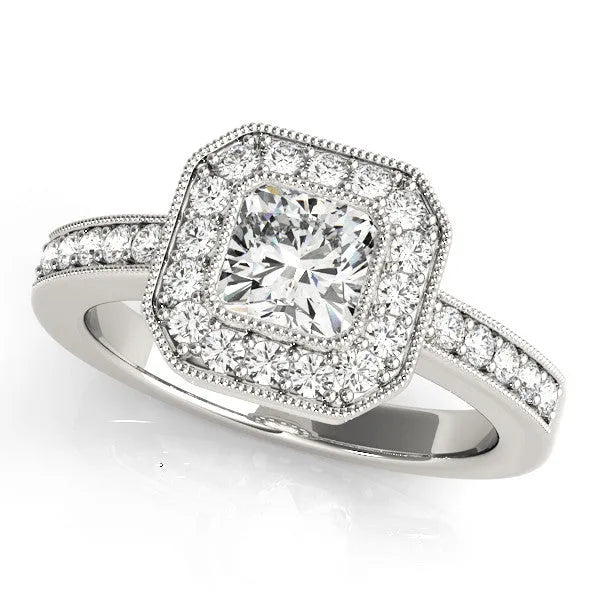 Platinum Cushion-Cut Diamond Halo Engagement Ring with Pave Band and Prong Setting