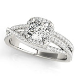 Platinum Cushion Cut Diamond Halo Engagement Ring with Twisted Split Shank Pavé Band