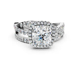 Platinum Cushion Cut Diamond Halo Ring with Round Split Shank and Prong Setting