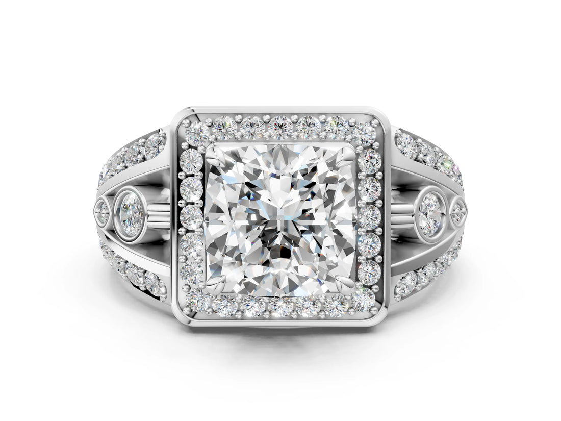Platinum Cushion Cut Diamond Halo Ring with Split Shank and Bezel Accents and Four-Prong Setting_13