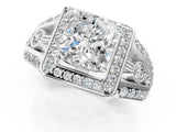 Platinum Cushion Cut Diamond Halo Ring with Split Shank and Bezel Accents and Four-Prong Setting_14
