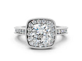 Platinum Cushion Cut Diamond Milgrain Halo Engagement Ring with Round Pavé Band and Prong Setting_12