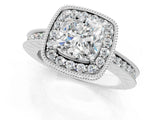 Platinum Cushion Cut Diamond Milgrain Halo Engagement Ring with Round Pavé Band and Prong Setting_13