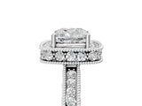 Platinum Cushion Cut Diamond Milgrain Halo Engagement Ring with Round Pavé Band and Prong Setting_17