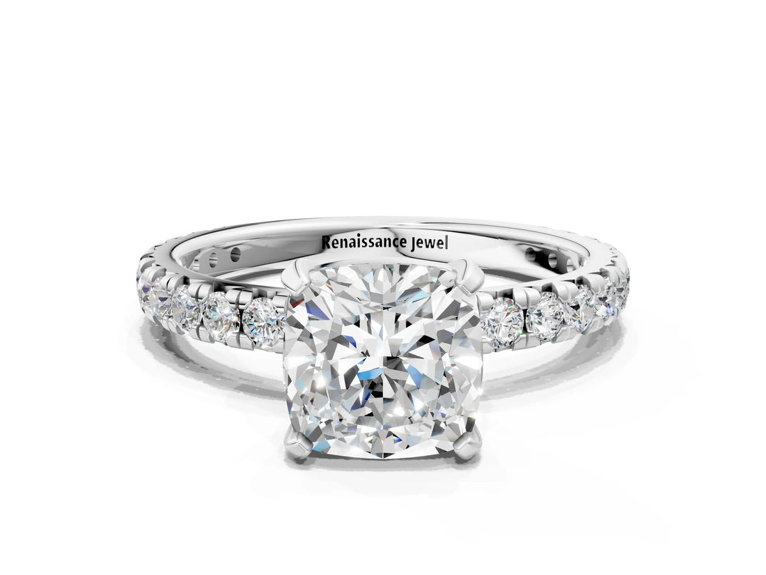 Platinum Cushion Cut Diamond Pavé Solitaire Ring with Round Band and Prong Setting_16