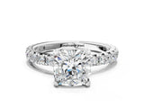 Platinum Cushion Cut Diamond Pavé Solitaire Ring with Round Band and Prong Setting_16