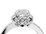 Platinum Cushion Cut Diamond Scalloped Halo Engagement Ring with Round Shared Prong Band_16