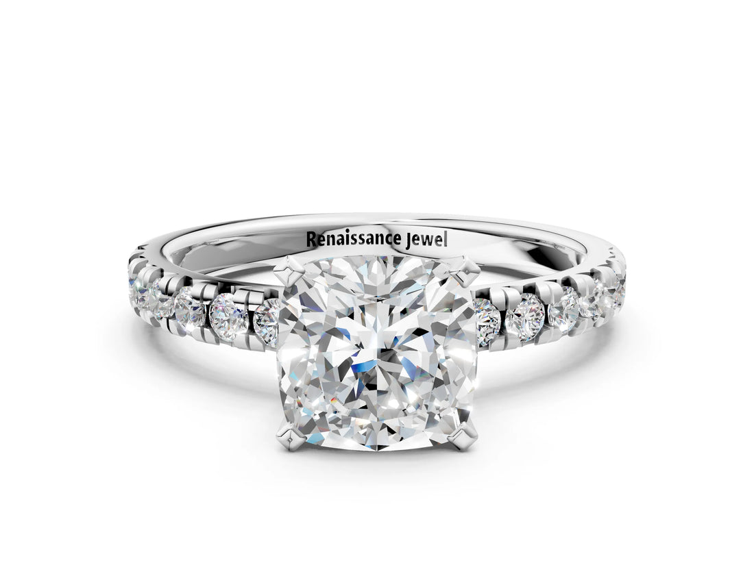 Platinum Cushion Cut Diamond Solitaire Pavé Engagement Ring with Round Band and Prong Setting_1