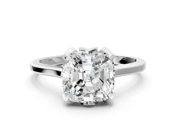 Platinum Cushion Cut Floral Solitaire Engagement Ring Setting with Flower Head and Plain Band