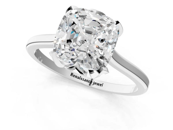 Platinum Cushion Cut Floral Solitaire Engagement Ring Setting with Flower Head and Plain Band