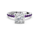 Platinum Cushion Cut Diamond Solitaire Ring with Round with Amethyst side stone Pavé Band and Four-Prong Setting_12