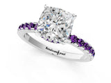 Platinum Cushion Cut Diamond Solitaire Ring with Round with Amethyst side stone Pavé Band and Four-Prong Setting_13