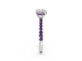 Platinum Cushion Cut Diamond Solitaire Ring with Round with Amethyst side stone Pavé Band and Four-Prong Setting_14