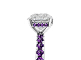 Platinum Cushion Cut Diamond Solitaire Ring with Round with Amethyst side stone Pavé Band and Four-Prong Setting_17