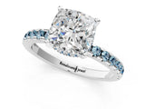 Platinum Cushion Cut Diamond Solitaire Ring with Round with Aquamarine side stone Pavé Band and Four-Prong Setting_13