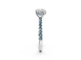 Platinum Cushion Cut Diamond Solitaire Ring with Round with Aquamarine side stone Pavé Band and Four-Prong Setting_14