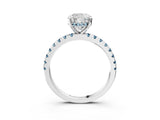 Platinum Cushion Cut Diamond Solitaire Ring with Round with Aquamarine side stone Pavé Band and Four-Prong Setting_15