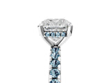 Platinum Cushion Cut Diamond Solitaire Ring with Round with Aquamarine side stone Pavé Band and Four-Prong Setting_17