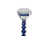 Platinum Cushion Cut Diamond Solitaire Ring with Round with Blue Sapphire side stone Pavé Band and Four-Prong Setting_17