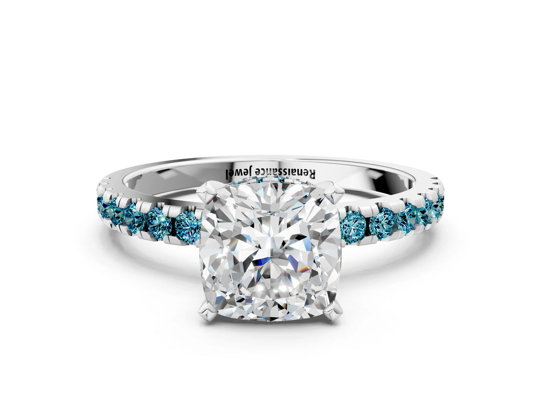 Platinum Cushion Cut Diamond Solitaire Ring with Round with Blue Topaz side stone Pavé Band and Four-Prong Setting_12