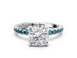 Platinum Cushion Cut Diamond Solitaire Ring with Round with Blue Topaz side stone Pavé Band and Four-Prong Setting_12