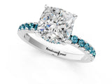 Platinum Cushion Cut Diamond Solitaire Ring with Round with Blue Topaz side stone Pavé Band and Four-Prong Setting_13