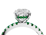 Platinum Cushion Cut Diamond Solitaire Ring with Round with Emerald side stone Pavé Band and Four-Prong Setting_16