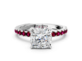 Platinum Cushion Cut Diamond Solitaire Ring with Round with Garnet side stone Pavé Band and Four-Prong Setting_12