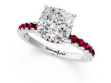 Platinum Cushion Cut Diamond Solitaire Ring with Round with Garnet side stone Pavé Band and Four-Prong Setting_13