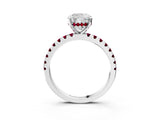 Platinum Cushion Cut Diamond Solitaire Ring with Round with Garnet side stone Pavé Band and Four-Prong Setting_15