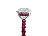 Platinum Cushion Cut Diamond Solitaire Ring with Round with Garnet side stone Pavé Band and Four-Prong Setting_17