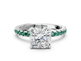 Platinum Cushion Cut Diamond Solitaire Ring with Round with Green Sapphire side stone Pavé Band and Four-Prong Setting_12