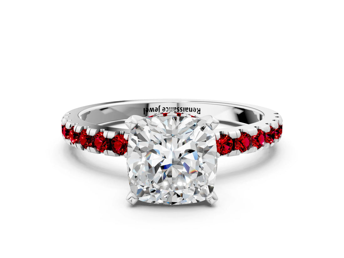 Platinum Cushion Cut Diamond Solitaire Ring with Round with Ruby side stone Pavé Band and Four-Prong Setting_12