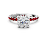 Platinum Cushion Cut Diamond Solitaire Ring with Round with Ruby side stone Pavé Band and Four-Prong Setting_12