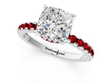 Platinum Cushion Cut Diamond Solitaire Ring with Round with Ruby side stone Pavé Band and Four-Prong Setting_13