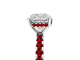 Platinum Cushion Cut Diamond Solitaire Ring with Round with Ruby side stone Pavé Band and Four-Prong Setting_17