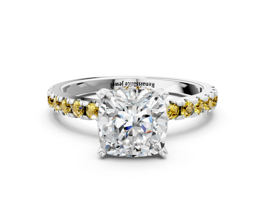 Platinum Cushion Cut Diamond Solitaire Ring with Round with Yellow Sapphire side stone Pavé Band and Four-Prong Setting_12