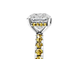 Platinum Cushion Cut Diamond Solitaire Ring with Round with Yellow Sapphire side stone Pavé Band and Four-Prong Setting_17