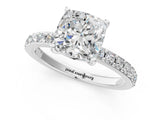 Platinum Cushion Cut Diamond Solitaire with Pave Band and Four-Prong Setting 1